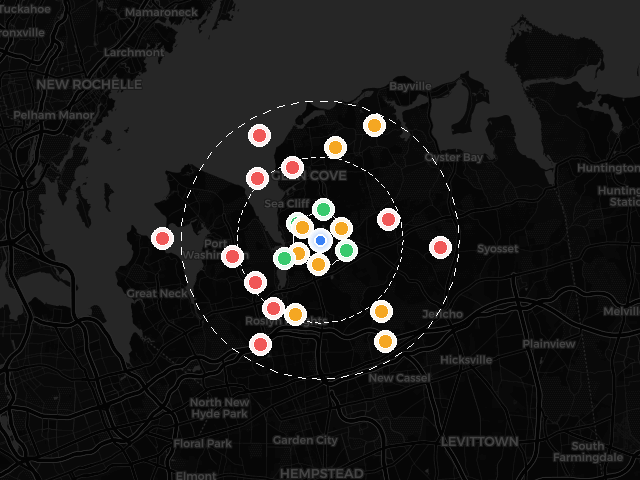 Google Maps ranking heatmap showing geographic rank coverage for senior living advisory on Long Island NY before and after optimization